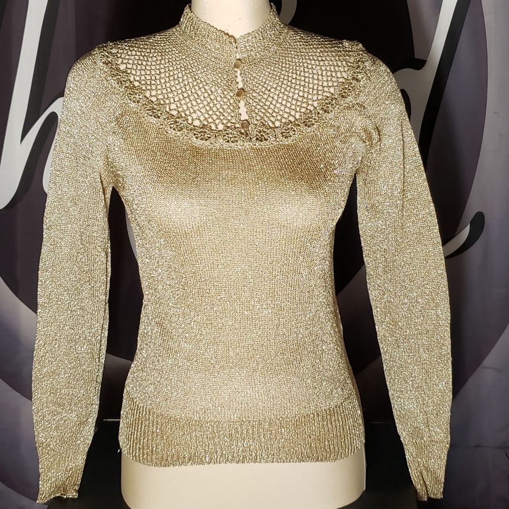 Vintage metallic gold knit and crochet sweater.